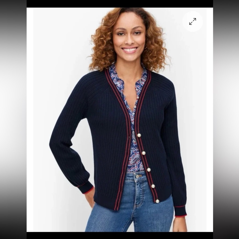 NWT Talbots V-Neck Ribbed Pearl button Cardigan Tipped Navy with Red 
Size Large